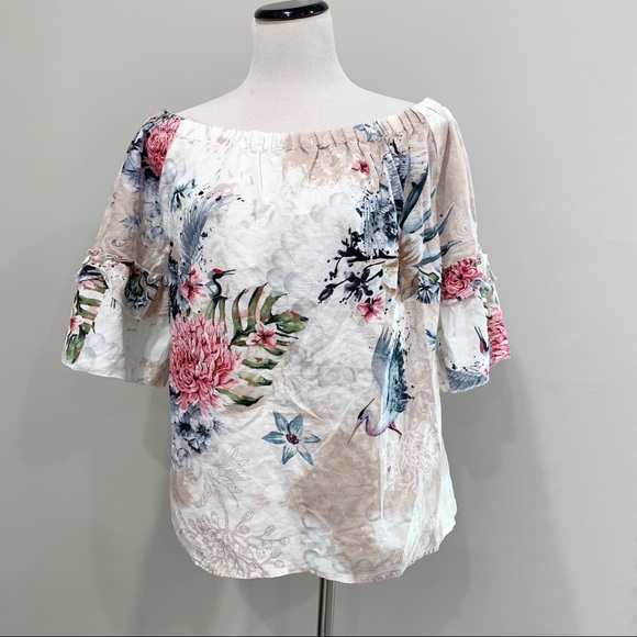 Anthropologie Hester & Orchard Linen Blend Off shoulder floral top blouse - Picture 1 of 6